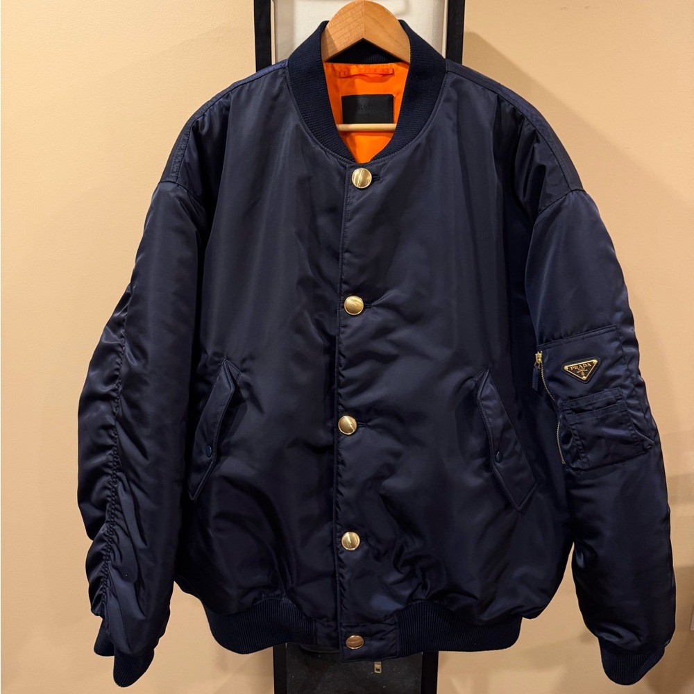 Prada Re-Nylon Gold Logo Navy Blue Oversized Bomber Jacket